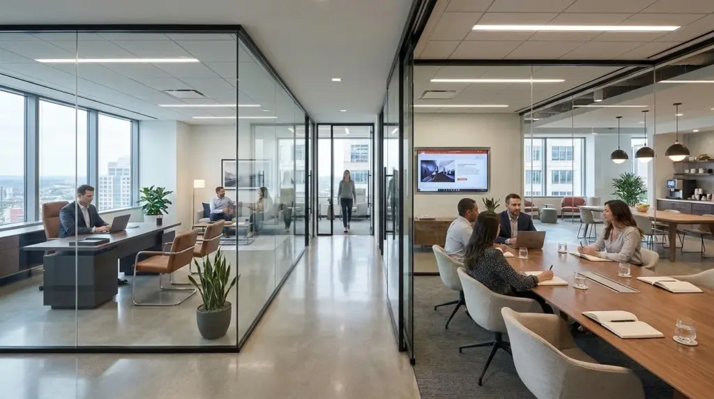 Space planning for law firms occuring in a corner office, conference room and coworking space.