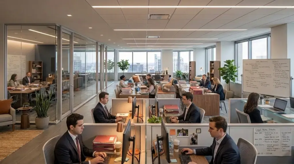 Summer associates working in a law firm after streamlining the move and attorney processes using space management software for law firms.