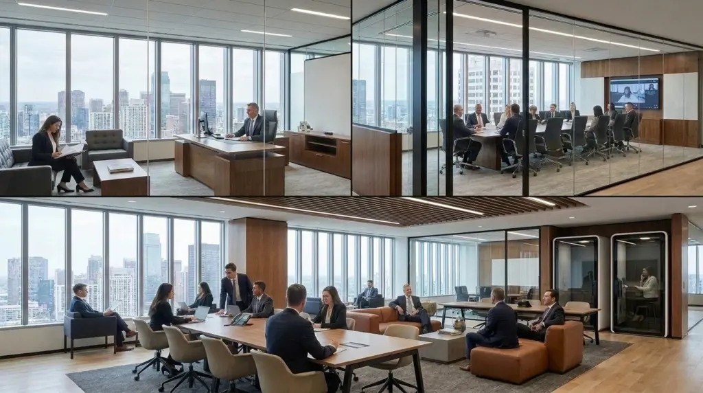 Various law firm imagery looking at the correlation of hybrid work and space planning and utilization.