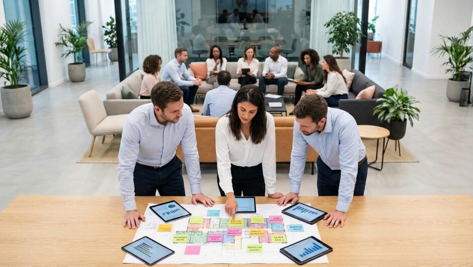 Space management leaders gathered around a table defining what space management is for them and their organization.