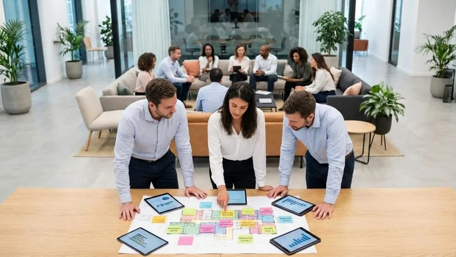 Space management leaders gathered around a table defining what space management is for them and their organization.