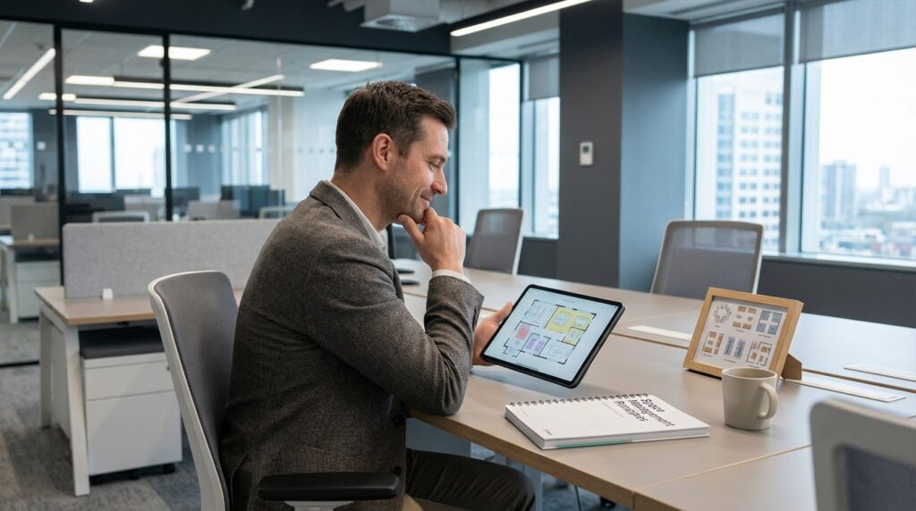Space management leader sitting in an open office learning about the foundation of space management.