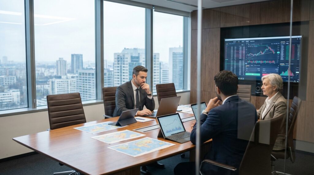 Space management experts in a conference room using software as a dynamic system.