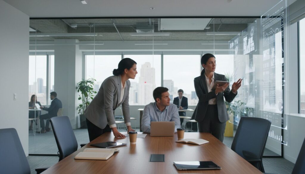 Space Management Executives looking at space data and analytics in a modern conference room.