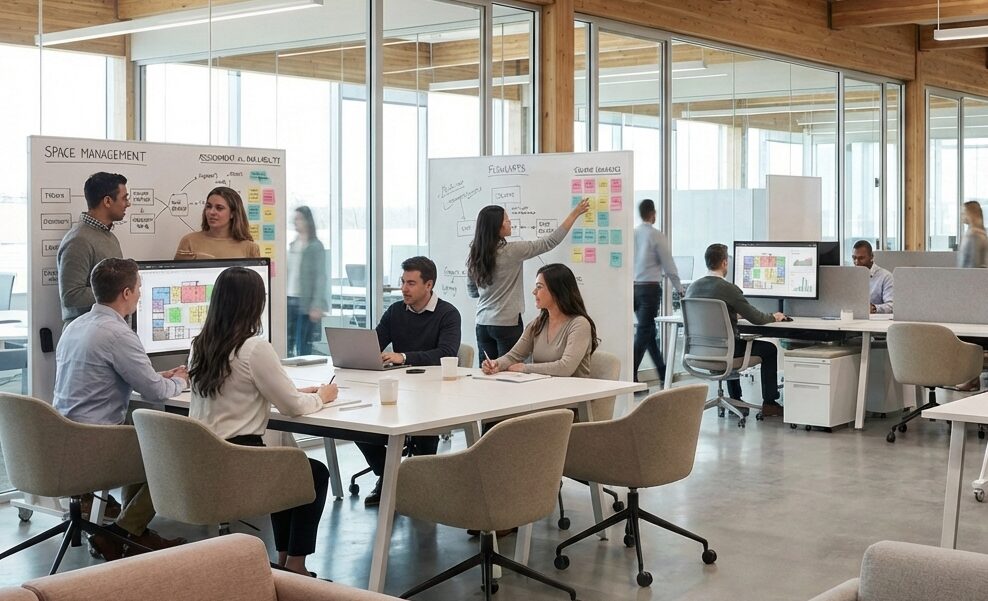 Corporate Real Estate Executives working on Moves, Adds, Changes (MAC), while looking at floor plans and space management fundamentals.