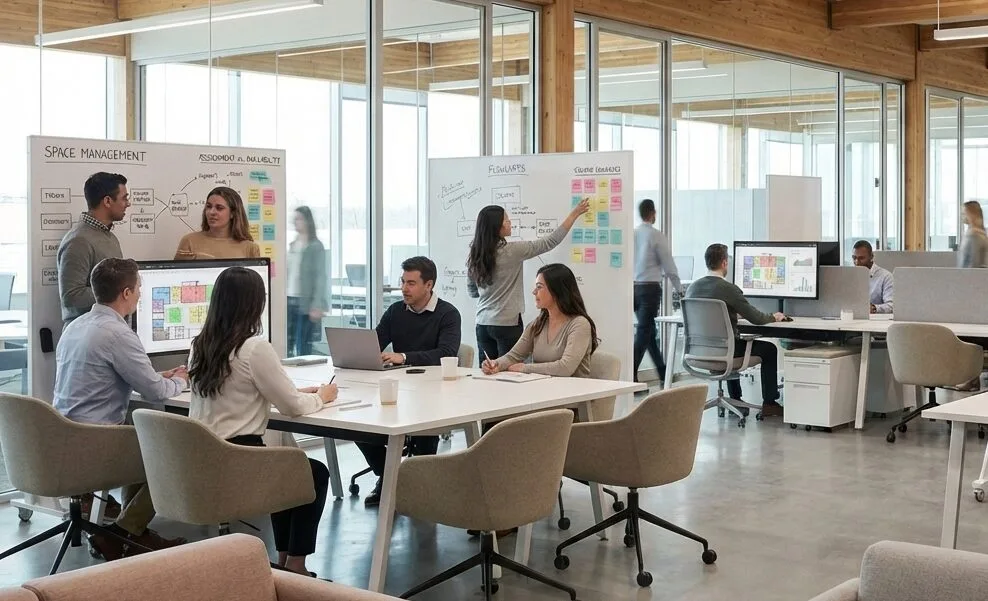Corporate Real Estate Executives working on Moves, Adds, Changes (MAC), while looking at floor plans and space management fundamentals.