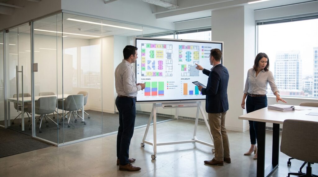 Space Management Exeuctives collaborating in an open space looking at floor plans.