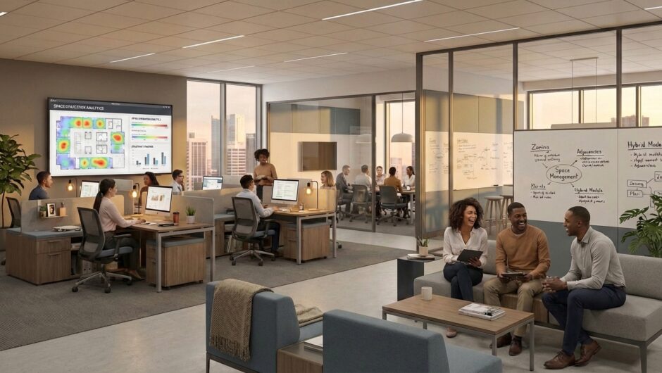 Office space management teams collaborating with floor plans, space planning, and space management strategy.