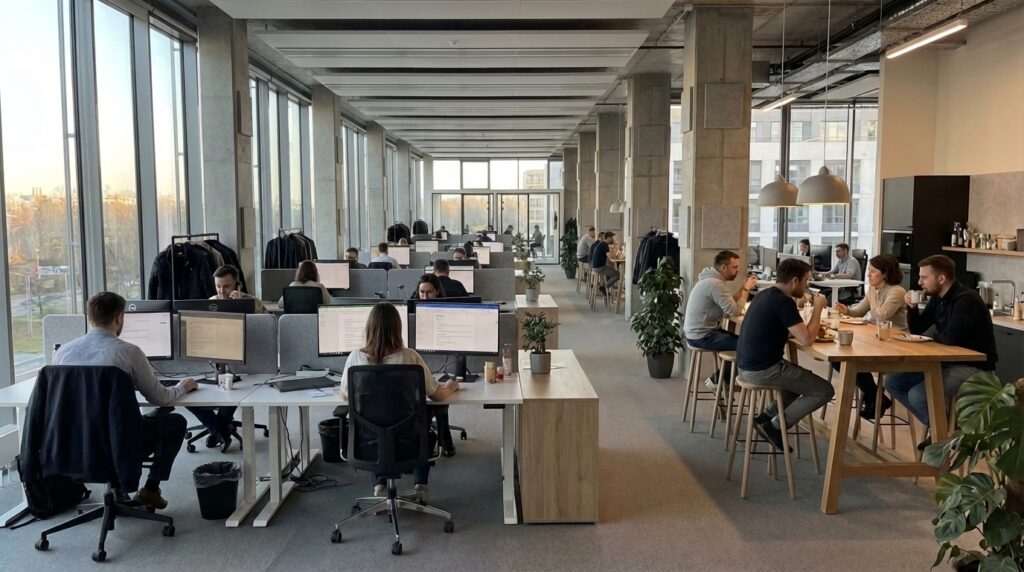 Space management owners working in an open office setting.