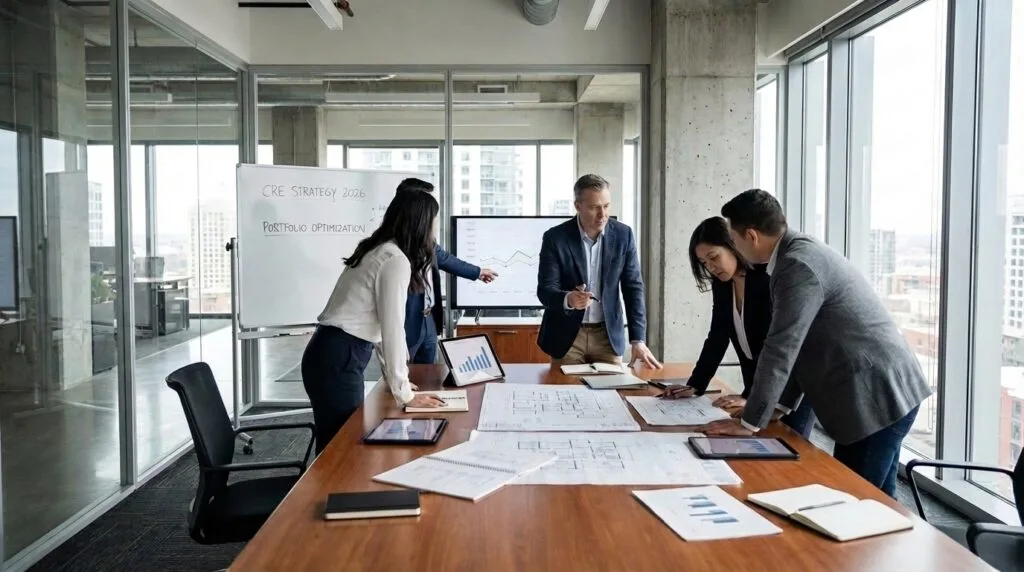 Leaders of space management working in a conference room developing their CRE strategy for 2026. 