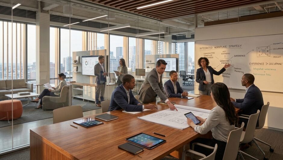 Space Managment and CRE leaders meeting in a modern conference room discussing their integrated workplace strategy.