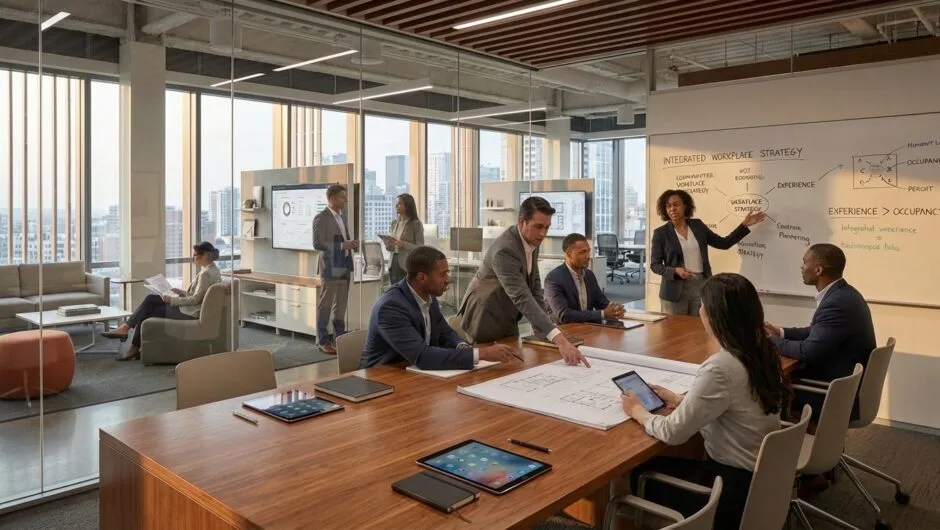 Space Managment and CRE leaders meeting in a modern conference room discussing their integrated workplace strategy.