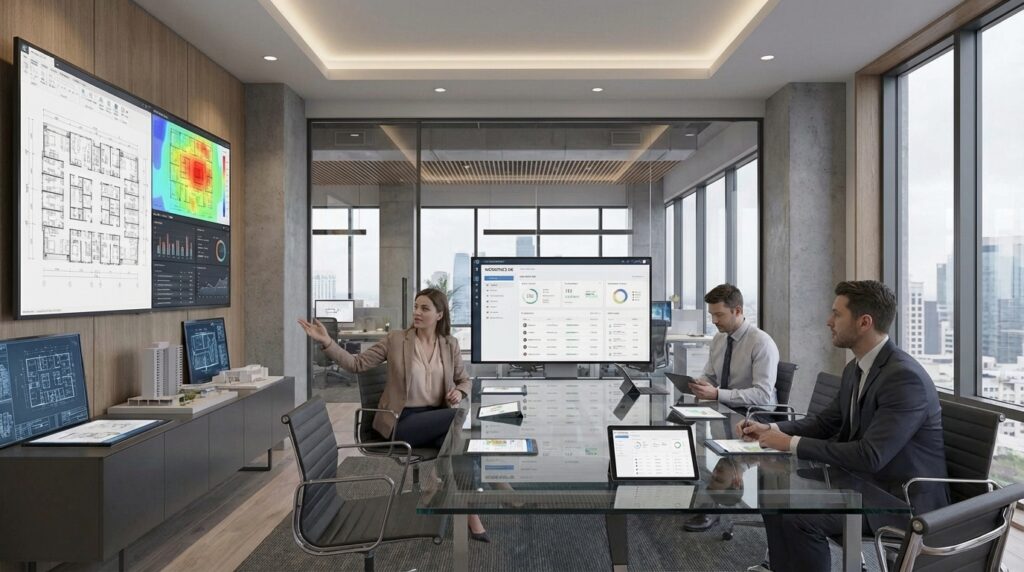 Space Management leaders in a modern conference room looking at multiple sets of data to ensure their space management is operating as a system, not an inventory.