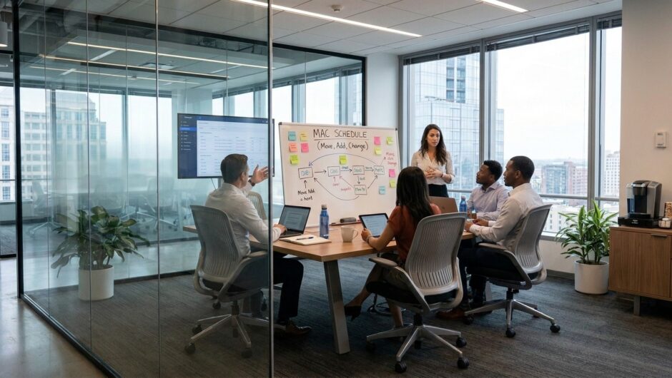 CRE Executives Collaborating on Move, Add, Change Processes in the Modern Workplace