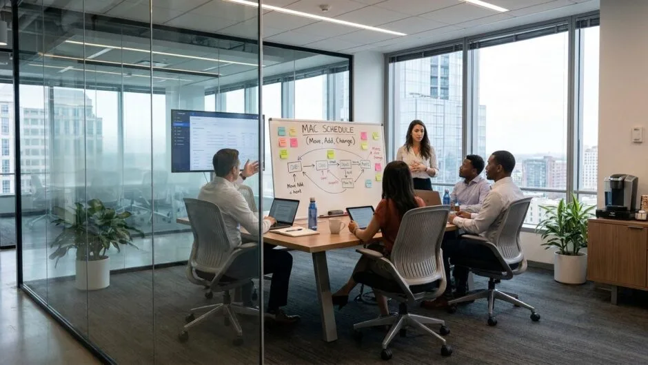 CRE Executives Collaborating on Move, Add, Change Processes in the Modern Workplace