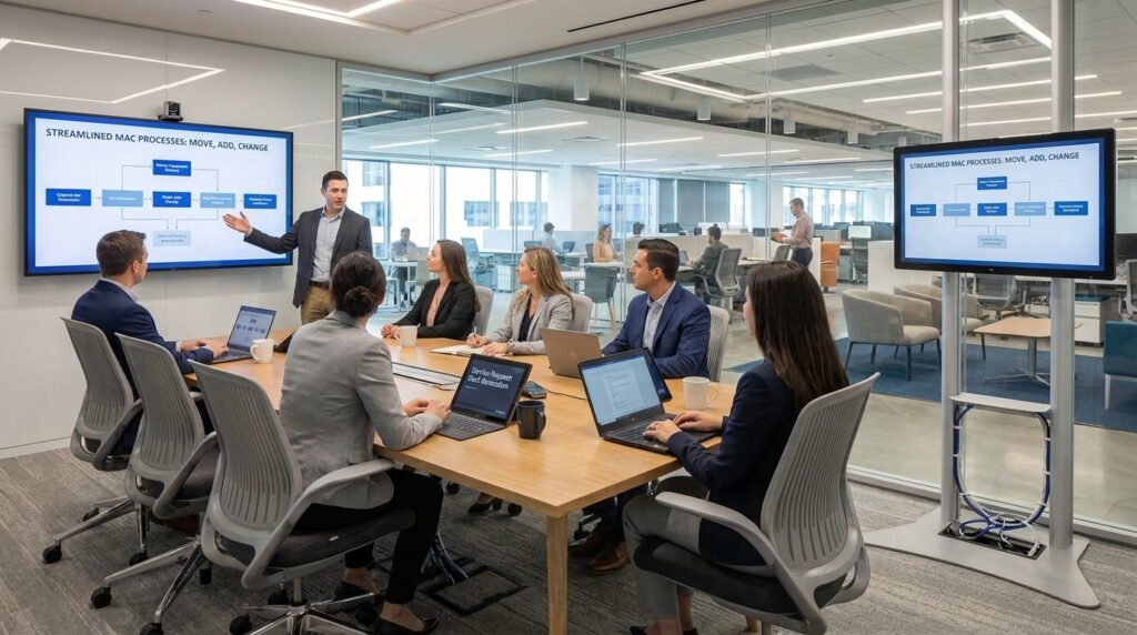 Facilities team members and space management leaders working together on Move, Add, Change Processes