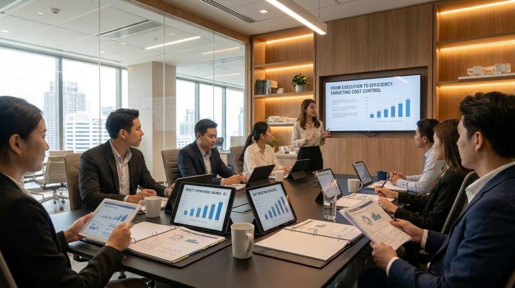 Facility Managers gathered in a conference room discussing cost control for move, adds, changes