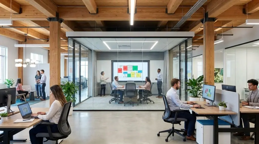 CRE professionals examining floor plans with their space management software to better understand their move, add, change processes and what needs to adjust for the future.