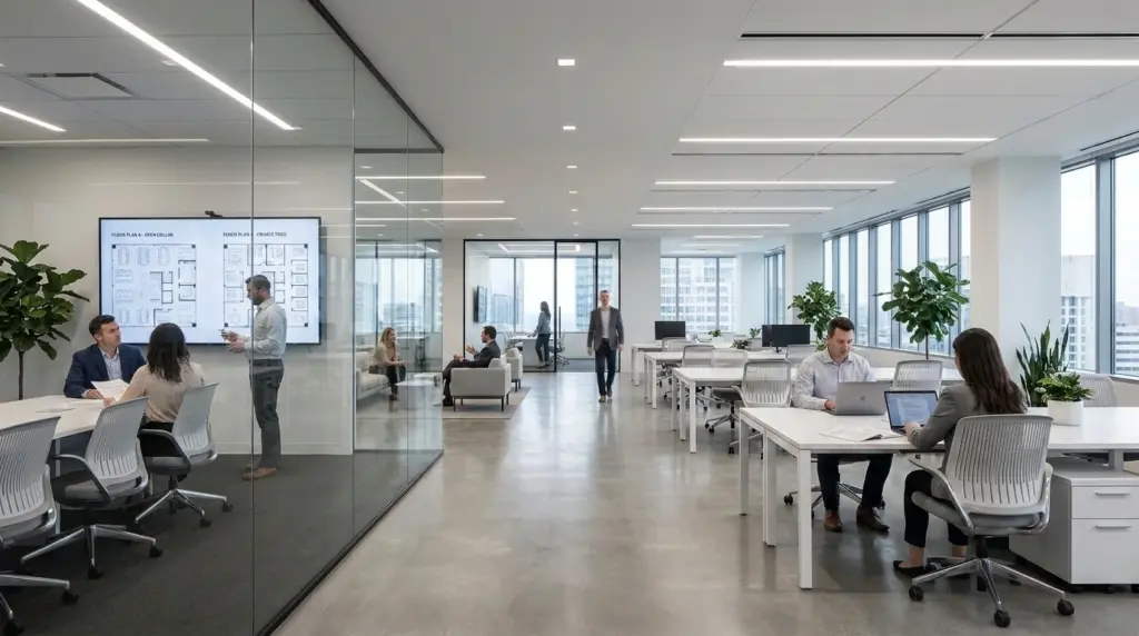 Corporate real estate executives space planning in a modern office building.