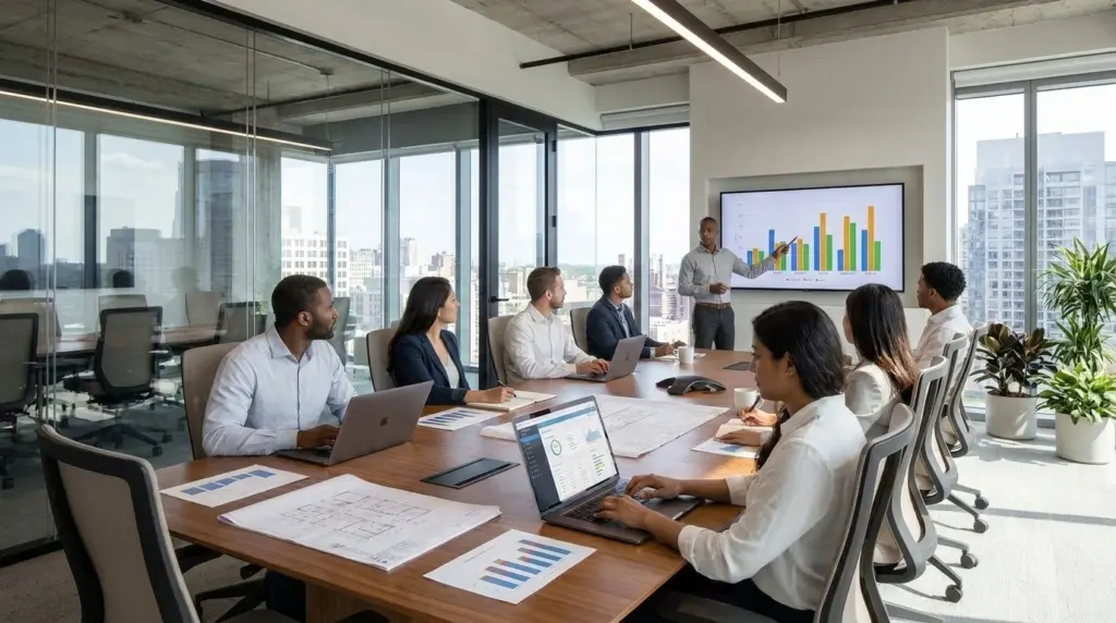 Facility managers connecting their move, add, change (MAC) process to their space planning in a modern conference room.