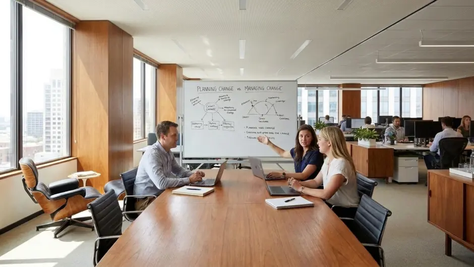 Move, Add, Change (MAC) owners sitting in an open office strategizing the difference between planning change and managing it for their office space.