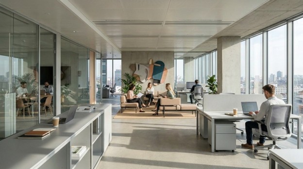 Facilities Managers working through space planning and various scenarios for the future state in a modern warm office setting.
