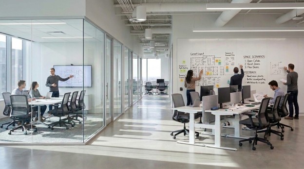 Space Planning and scenario exploration in an open office area with a whiteboard and floor plans.