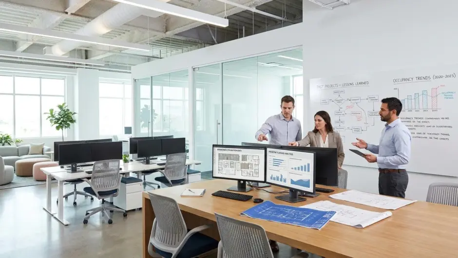 CRE executives using space management data to inform space planning strategies in an open office workspace
