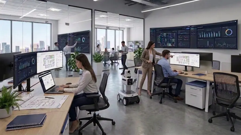 Facility managers utilizing data to make space planning decisions using AI in a modern open office space