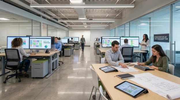 Space managers collaborating using operational data to inform future space planning in a modern open officespace