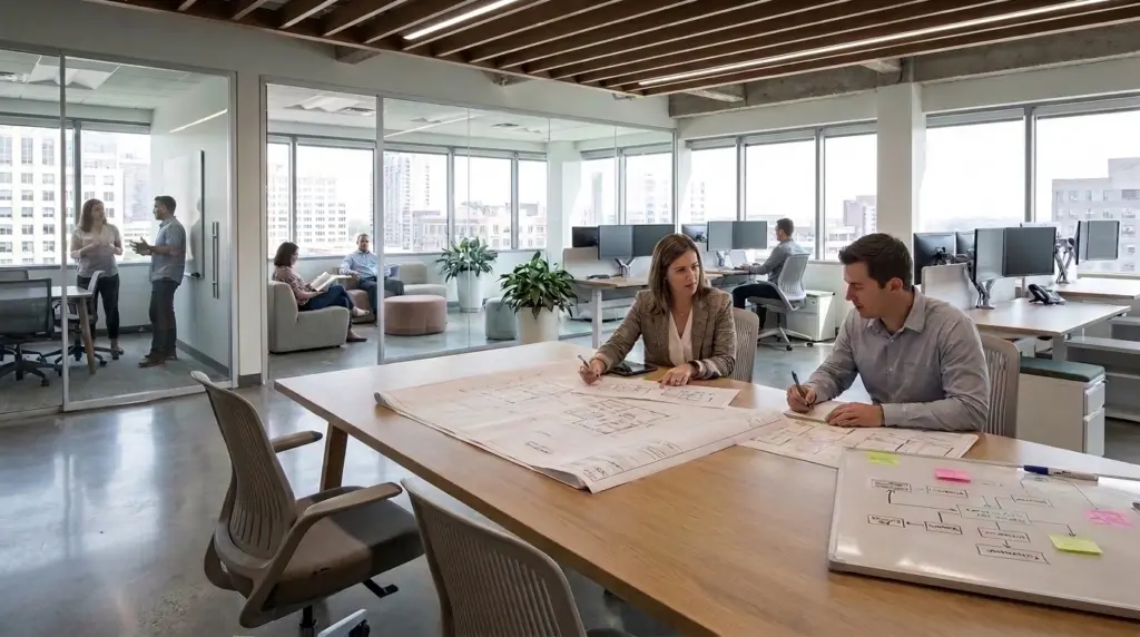 Space planning groups working together utilizing floor plans, technology and preparing for new space in a modern office building