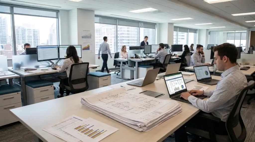 Space planning taking place using floor plans, technology, software and datasets to inform the future workplace
