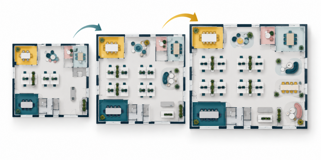 Space management for investment firms visualization of growth. Three different floor plans growing through different iterations of the workplace.