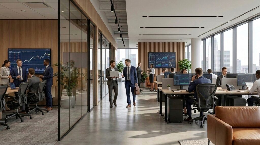 Investment firm space management being discussed among facility managers and investors.